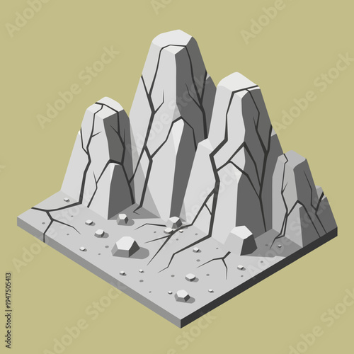 Isometric illustration of a rocky mountain range with cracks and shadows, gray tones.