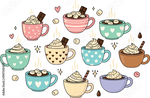 Cute Hot Chocolate Cups Vector Collection with Marshmallows Whipped Cream Cozy Winter Drinks Cartoon Illustration Set