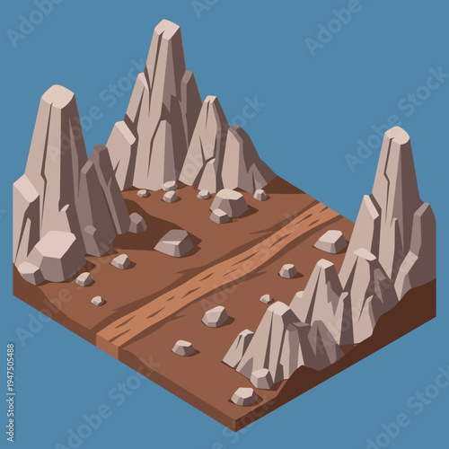 Isometric illustration of a rocky landscape with towering rock formations and a dirt path.
