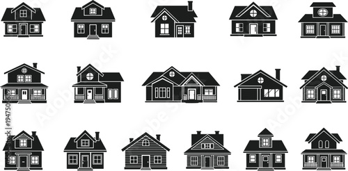 Collection of house silhouettes with different residential home designs including cottages, suburban houses, and modern dwellings isolated black vector set for real estate concept