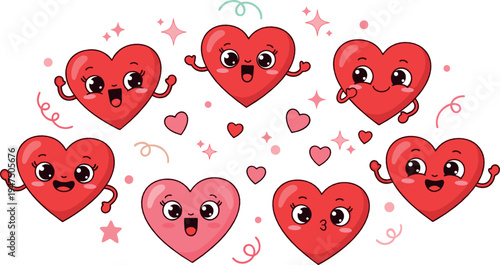 Cute kawaii heart characters collection with smiling cartoon love hearts illustration set