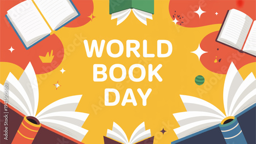 Vibrant world book day celebration background with open books and sparkles on orange