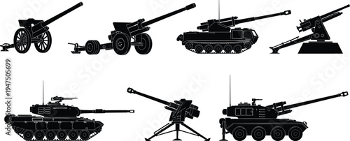 Collection of military artillery silhouettes featuring heavy field guns, self-propelled howitzers, armored main battle tanks, anti-aircraft cannons, and towed mortar systems on white background.