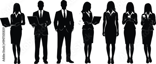 Collection of professional business people silhouettes featuring men and women in formal suits using laptops and smartphones isolated on white for corporate vector designs.