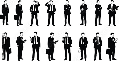 Collection of Professional Businessman Silhouettes Featuring Men in Suits Carrying Briefcases Using Smartphones Holding Tablets and Posing for Corporate Office Work Success and Business 