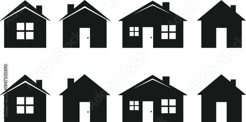Collection of simple black house silhouettes featuring various cottage and suburban home shapes isolated on white background for real estate and residential property designs.