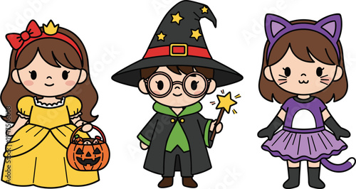 Cute kids Halloween costume characters set including princess, wizard, and cat girl cartoon illustrations with pumpkin candy bucket and magic wand isolated vector