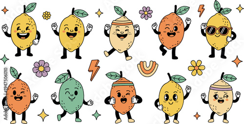 Cute lemon cartoon characters collection with funny expressions, retro style fruit mascots dancing and posing playful illustration set