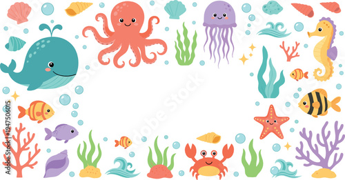 Cute ocean animals and coral reef collection with whale, octopus, jellyfish and sea creatures illustration set