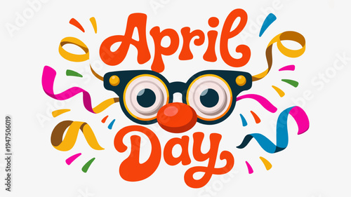 Colorful april fools' day illustration with cartoon face glasses and confetti on white background