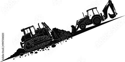 Construction machinery silhouettes including bulldozer pushing soil and backhoe loader digging on steep slope, heavy equipment earthmoving scene isolated vector illustration for engineering industry