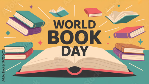 World book day celebration with colorful books and open book in front symbolizing reading and literature