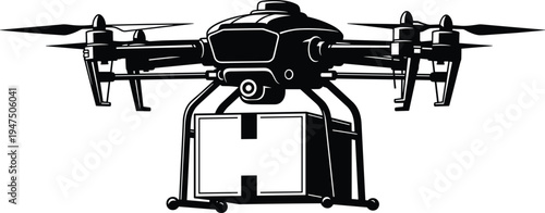 Delivery drone carrying package box silhouette isolated black vector illustration showing autonomous aerial logistics technology, modern courier transportation system, and unmanned aircraft 
