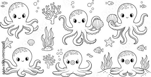 Cute octopus line art collection with underwater sea animals and marine elements coloring illustration set