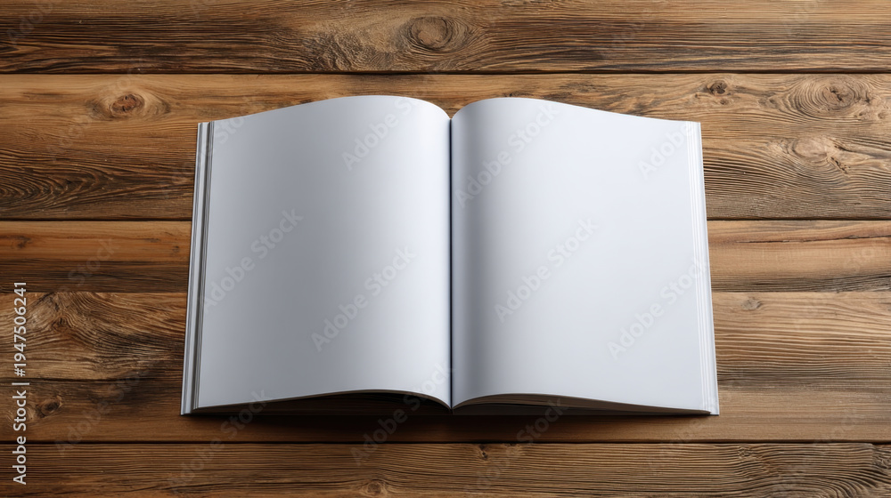 Fototapeta premium Open white booklet on wooden table top view blank pages minimal stationery mockup calm composition