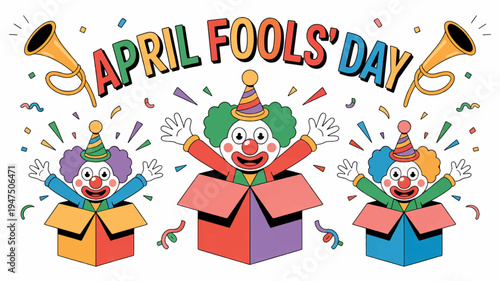 Three colorful clowns jumping out of boxes on april fools' day with confetti and horns