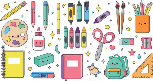 Cute school supplies cartoon collection with pencils, crayons, scissors, notebook, backpack and art tools kawaii classroom illustration set