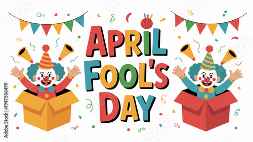 Two cheerful clowns jumping out of colorful boxes on april fool's day with festive banners