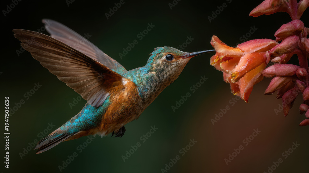 Obraz premium Hummingbird hovering beside orange tubular flower, feeding on nectar with wings blurred in motion and iridescent green and orange plumage visible in soft natural light