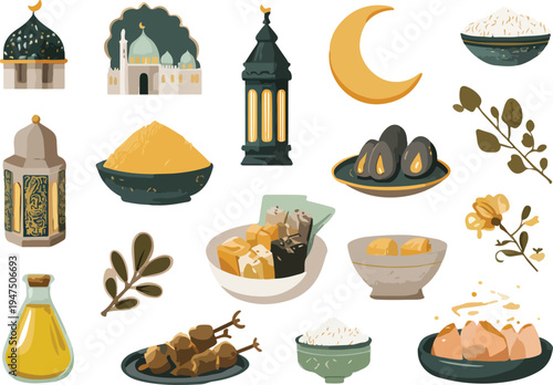 Set of vector food icons including breakfast items drinks and restaurant meals