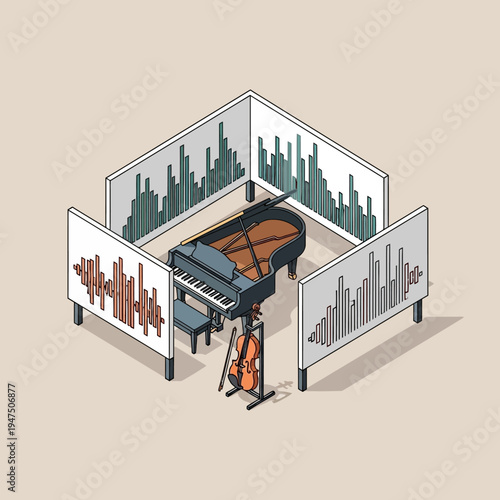 Isometric illustration of a grand piano, violin, and soundproofing panels in a studio.
