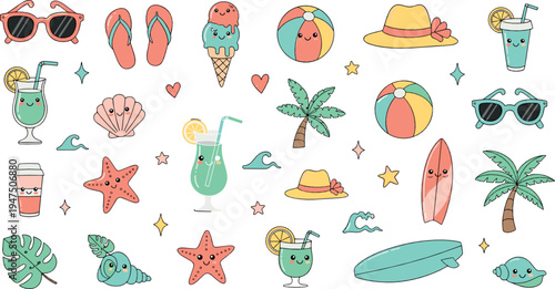Cute summer beach doodle elements collection with sunglasses, flip flops, cocktails, surfboard, palm trees and starfish cartoon illustration set