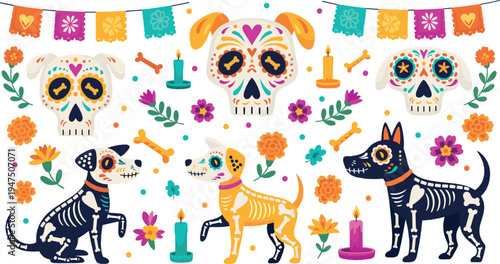 Day of the Dead illustration with colorful sugar skulls, skeleton dogs, candles and flowers festive Mexican Dia de los Muertos design set