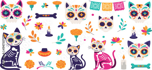 Day of the Dead cats with sugar skull makeup, colorful Dia de los Muertos animals, flowers and candles festive Mexican illustration set