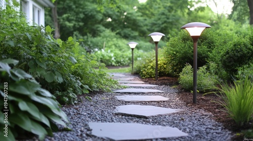 Garden path with outdoor lighting and landscaping