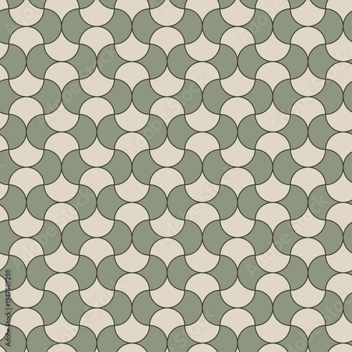 Seamless geometric pattern of  interlocking scallop shapes beige and olive green with swatch