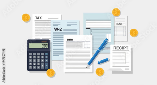 Tax Documents Calculator and Coins Financial Flat Lay Vector Illustration