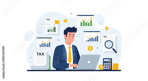 Businessman Filing Taxes Online Using Laptop Financial Flat Vector Illustration