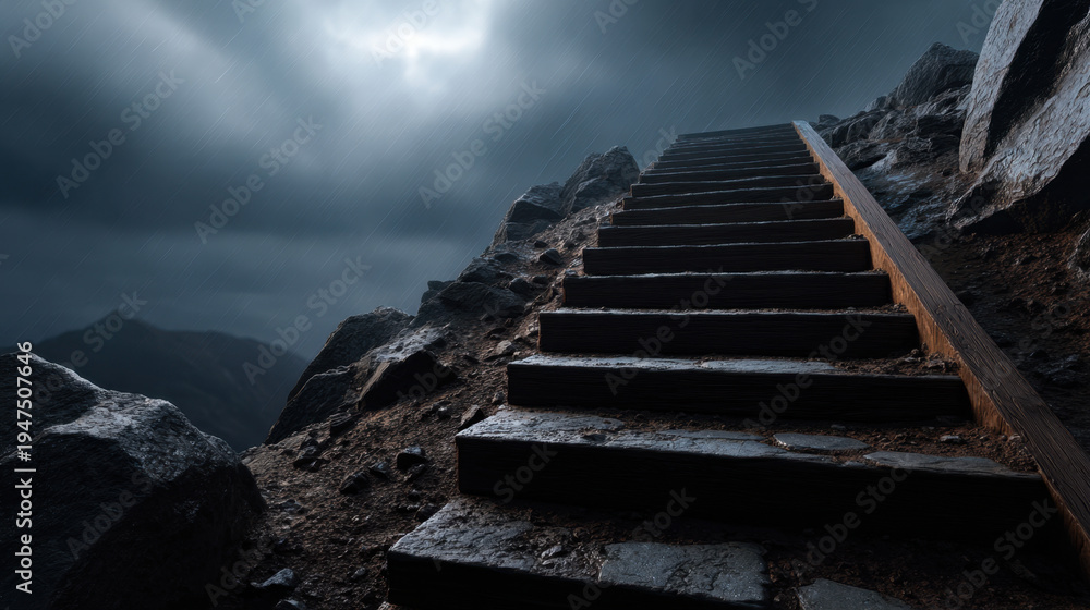 Obraz premium Wet wooden stairway climbing rocky mountain slope under stormy sky with dramatic clouds and rain, moody atmosphere and rugged landscape evoking adventure and solitude