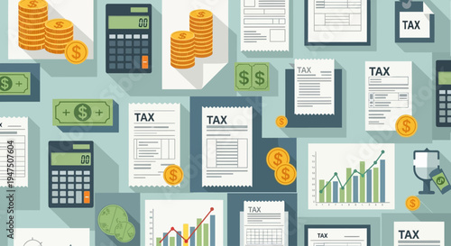 Tax Day Financial Background with Calculator Coins and Documents Flat Vector