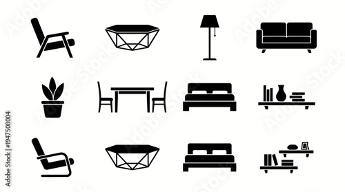 Collection of modern furniture icons including chairs, tables, lamps, beds, and plants for interior design
