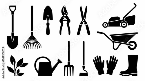 Collection of black and white icons depicting various gardening tools and equipment for outdoor activities