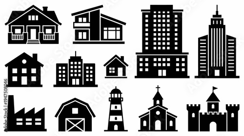 Collection of diverse architectural building silhouettes, including houses, skyscrapers, industrial factories, churches, and castles for design projects