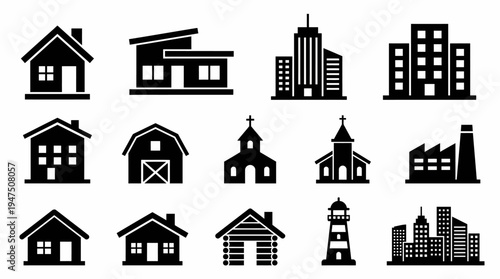 Collection of diverse architectural building icons representing residential, commercial, and industrial structures in a clean, minimalist black and white design