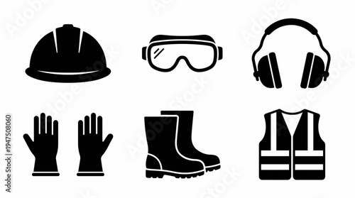 Collection of safety equipment icons including hard hat, goggles, headphones, gloves, boots, and safety vest for workplace protection