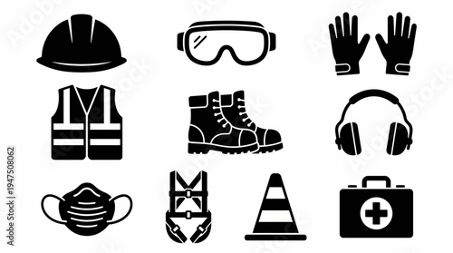 Safety equipment icons representing personal protective equipment for various hazardous work environments and industries