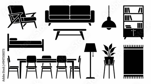Collection of domestic furniture and home decor items including chairs, a sofa, bed, table, bookshelf, and lighting fixtures