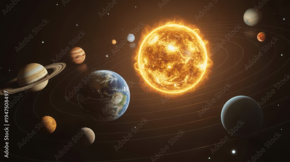 Fototapeta premium Detailed 3D illustration of the solar system with bright sun and planetary orbits