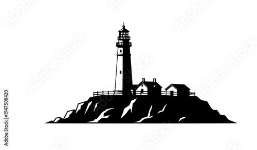 Solitary lighthouse silhouette black vector illustration on coastal cliff isolated