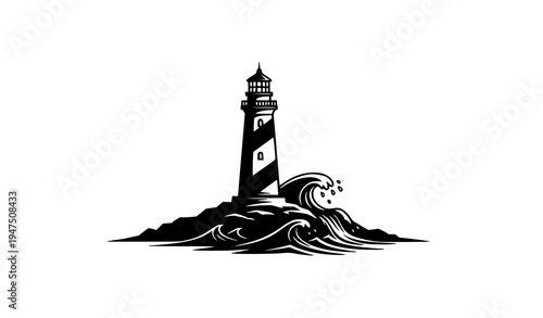 Side view lighthouse coastal silhouette black vector illustration isolated
