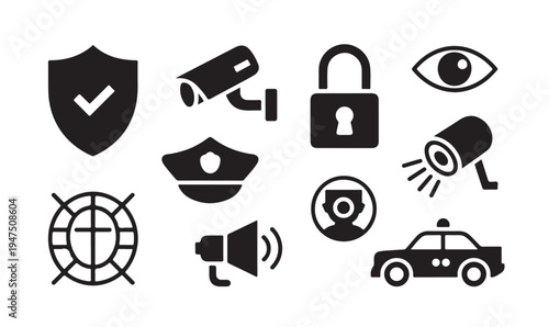 Security monitoring and surveillance equipment icon set with camera police and lock signs