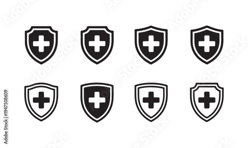 Medical shield and healthcare protection icon set featuring plus symbol in various styles
