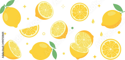 Fresh Lemon Vector Collection with Whole and Sliced Citrus Fruits Summer Yellow Lemon Illustration Set