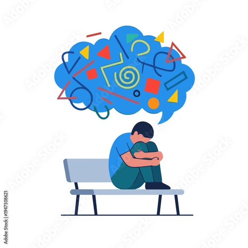 A man sits on a bench with his head down, overwhelmed by thoughts of social issues and emotions.