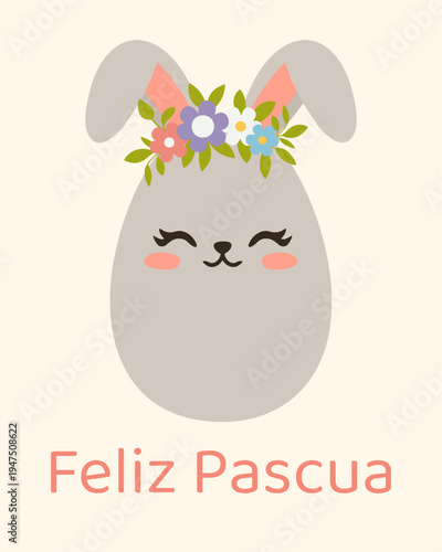 Cute gray Easter bunny with floral crown and Feliz Pascua Happy Easter greeting. Perfect for greeting cards, nursery decor, spring invitations, holiday marketing and seasonal social media posts. 