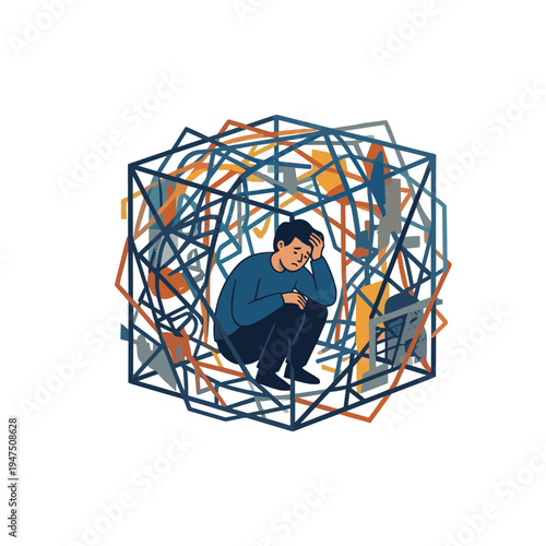 A man sits trapped inside a complex web of lines and shapes in a cluttered environment.